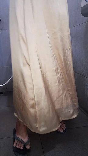 Long Gold Satin Dress Masturbation Cum
