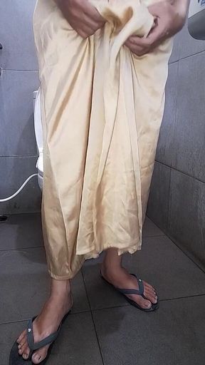 Long Gold Satin Dress Masturbation Cum