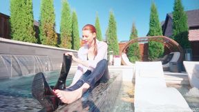 Riah Gets Wet in Jeans, Boots and a White Shirt