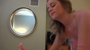 Alexis comes out of the bathroom in some really pretty lingerie.
