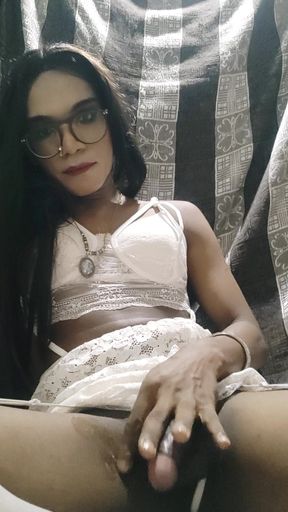 Indian Sissy Girl Milking Cock in White Babydoll