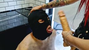 Mistress Nika fucks a slave in the mouth, humiliates, spits, slaps and orders him to suck deeper