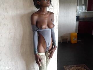 Slender ebony girl with consummate boobs and hard nipps giving me tugjob