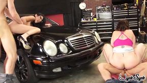 sexy duo sara jay and dava foxx pleasured by two hung mechanics!