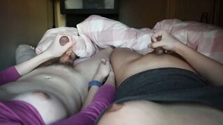 Couple of Married Transgirls hold hands and climax together in a wild 60fps orgasm video