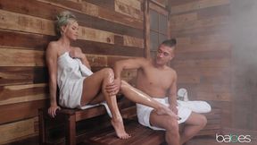 Gorgeous pornstar gets oiled up and sodomized in the sauna