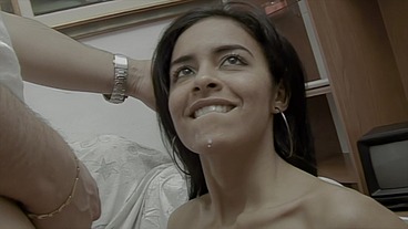A Petite Brunette Strips at a Casting Before Giving a Nice Blowjob.