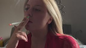 Goddess Paisley smoking Eve 120 cigarette in red lingerie