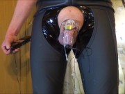 E-stim cum milking with chastity device
