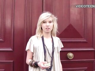 eighteen year golden-haired Vicky plays with vibrator during her porn casting