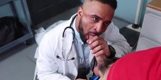 The doctor is giving a blowjob and shares the patient