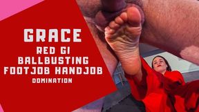 Grace red gi ballbusting, footjob and handjob domination