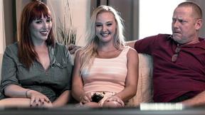 ”Titty teen convinces buxxom MILF step mom & step daddy for threeway”