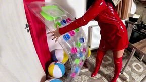 dominant red pvc milf inflatable mattress fetish. giant beach balls, pov sex, double cum and popping