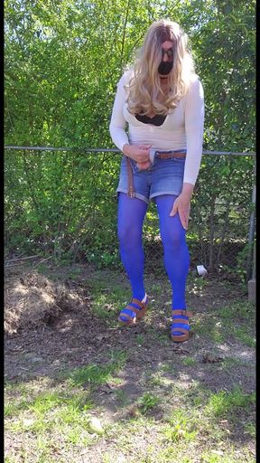 Cd outdoors pantyhose playing with myself masturbating and cum.   Clip 3