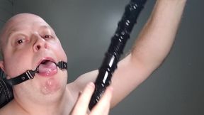 Deepthroating an 18 Inch Dildo with Mouth Gag Ring