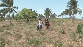 Two tanned babes have fun time with three men in the park