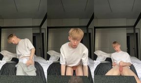 Twink jerks off bent over squeezing his tiny dick and loose ass