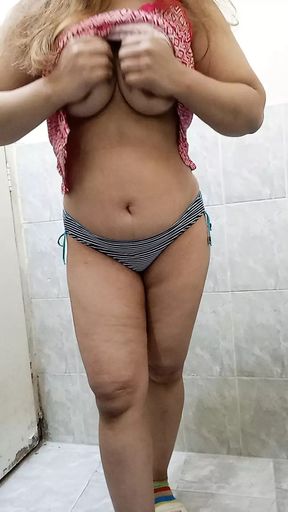 Real Pakistani Wife Striping Her Pink Nighty and Playing With Her Body