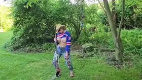 Mature mom strips and bounces big tits by the hockey field