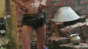 Indian Boy Bathing And Washing And Showing Cock