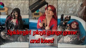 BBW Spiderman cosplayer plays games with venom gunge