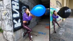 Nastya blowing to pop 2 balloons on city streets