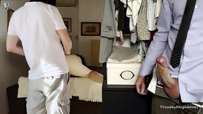 voyeur husband jerks off secretly while wife gets creampied during standing sex (long version)