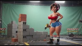 Curvy Builder Babe Strips and Poses Seductively with Drill in Studio Session AI generated