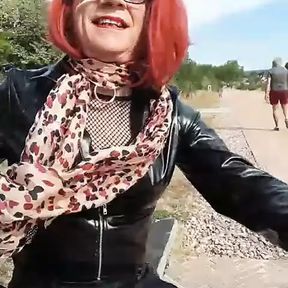 sissy outing outdoors at the park sex in her chastity cage and sexy outfit