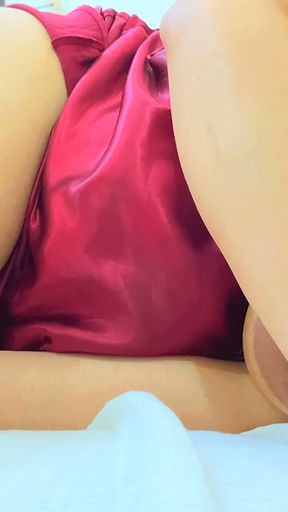 Horny Big Tits Milf Masturbating Fingering Her Wet Pussy, Pressing Her Big Boobs Vigorously In Red Satin Silk Lingerie   Clip 2
