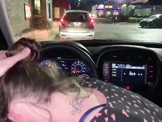 Drive thru Deepthroat cum eating oral-sex with supplementary meat , public