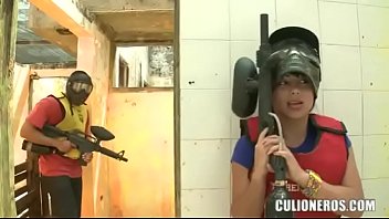 Latina bombshell with huge assets plays paintball