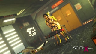 Cyberpunk sex. Hot 3d futanari plays with a sexy cuffed girl in sci-fi lab
