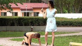 Summer resort femdom training: Pretty young lady dominates slave
