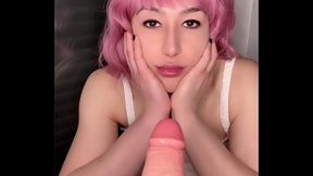 Beautiful sissy bimbo in pink boots riding dildo and cums