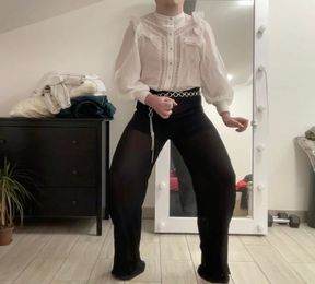 Crossdresser tranny palazzo wideleg fetish trousers, satin silk blazer, white office ruffled blouse and high heels boots