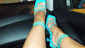 Mature stepmom with sexy legs in heels in the car with her younger stepson