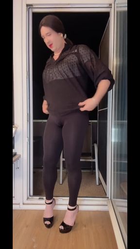 Sissy teasing and dildo riding on balcony