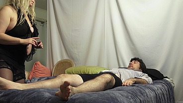 Stepmom gives stepson the wrong pills and helps him cum