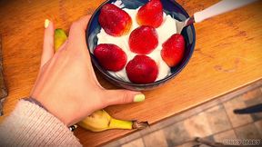 kinky mary stuffs a banana in her ass and eats strawberries off the cream