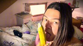 kinky mary stuffs a banana in her ass and eats strawberries off the cream