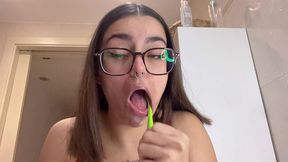 red lingerie slut messy toothbrushing spitting wet sloppy