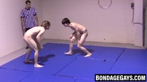 Playful twinks wrestle with exposed erections and wet grips