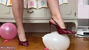 popping my birthday balloons with heels