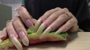 Listen as I scratch the watermelon crust with my nails