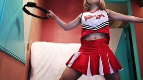 Married cutie in cheerleader outfit takes on five positions for the camera.