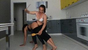 Hard and funny spanking each other on knees with wooden ruler and spoo