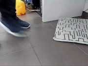 Male Shoeplay with beach ball in Under Armor, Vans Slip Ons, Black Socks