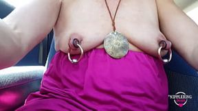 public street milf flashing pierced nipples and pussy&#x1F32E;&#xFE0F; with kinky strapon and sexy ass&#x1F351;